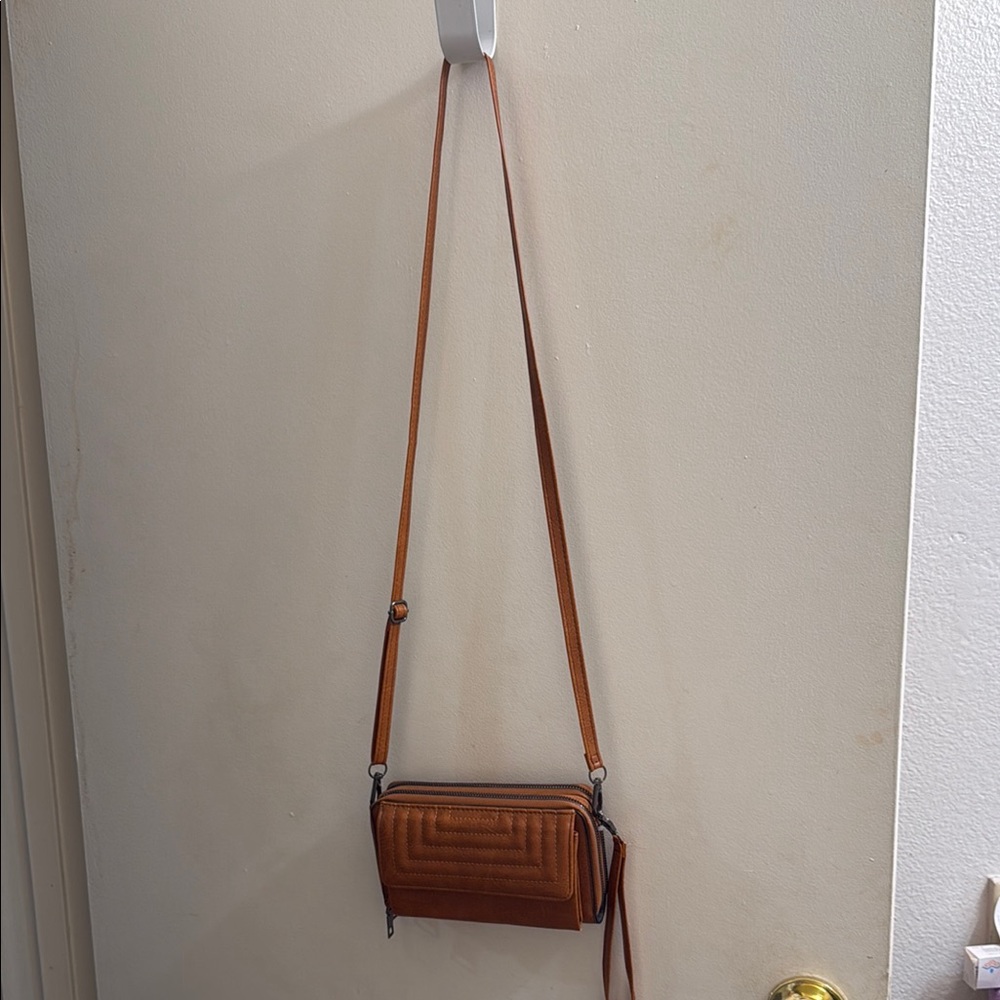 Brown Crossbody Bag with Textured Leather and Long Strap